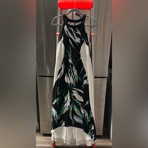 Chino- Elegant Black and Green Leaf Print Dress